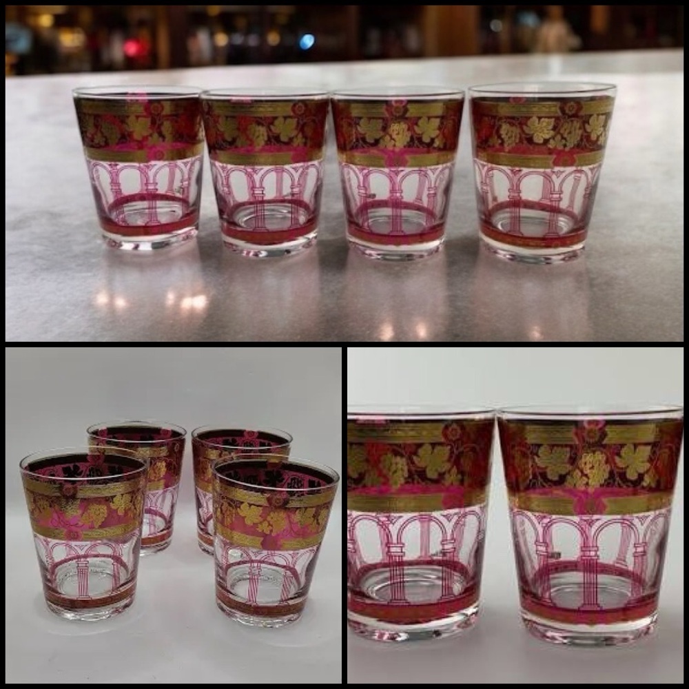 4 Vintage Cera Golden Grapes Burgundy Gold Low Ball MCM Old Fashioned Glasses